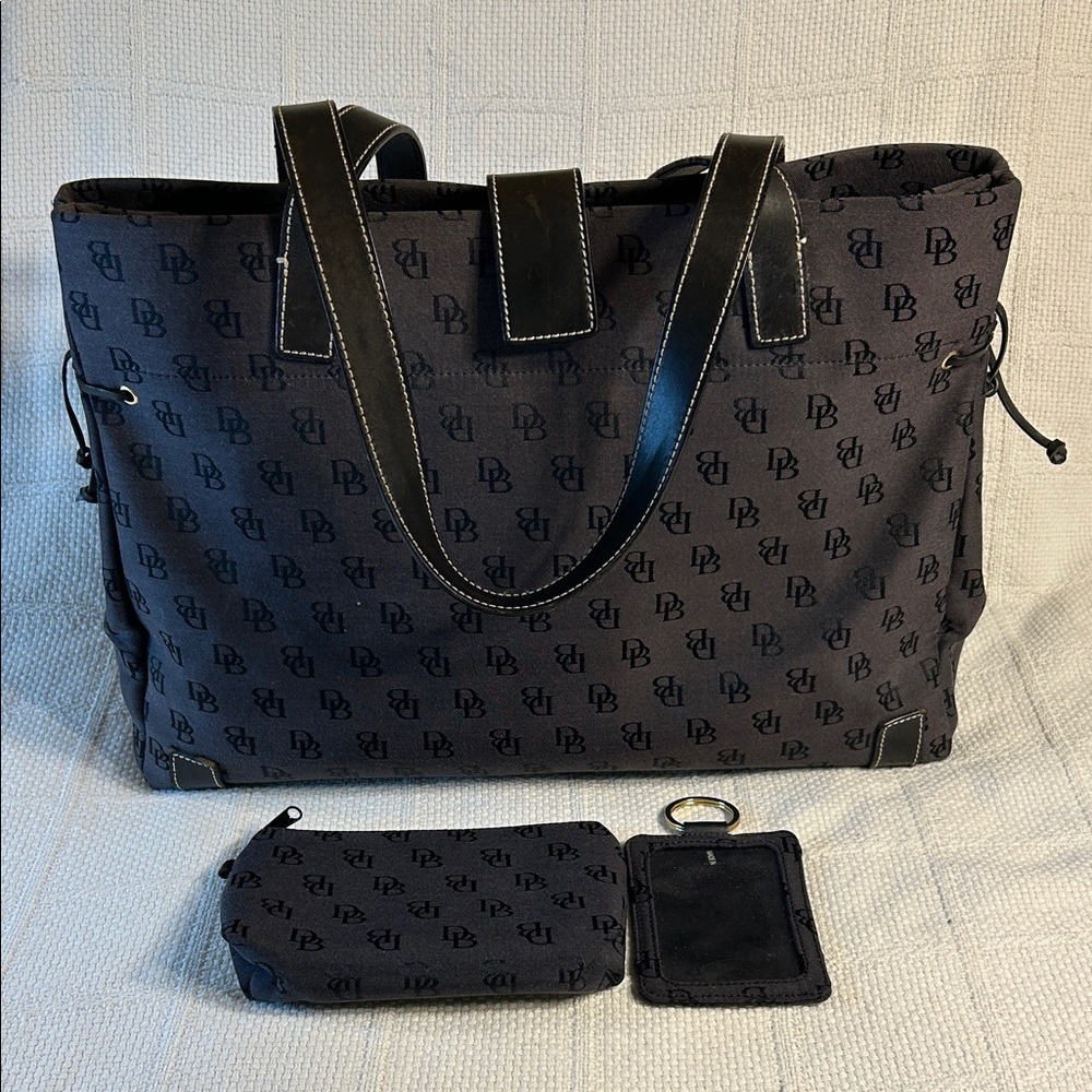 Dooney and Bourke Black and Gray Canvas Tote with Matching Key Ring and Pouch
